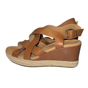 Lucky Brand Cognac Leather Espadrille Combo Wedge Comfort Sandal 3” Heel Size 8